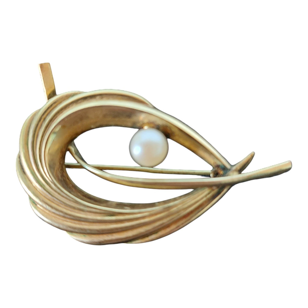 Doublé-Brosche mit Perle – Signiert, 50er/60er Jahre