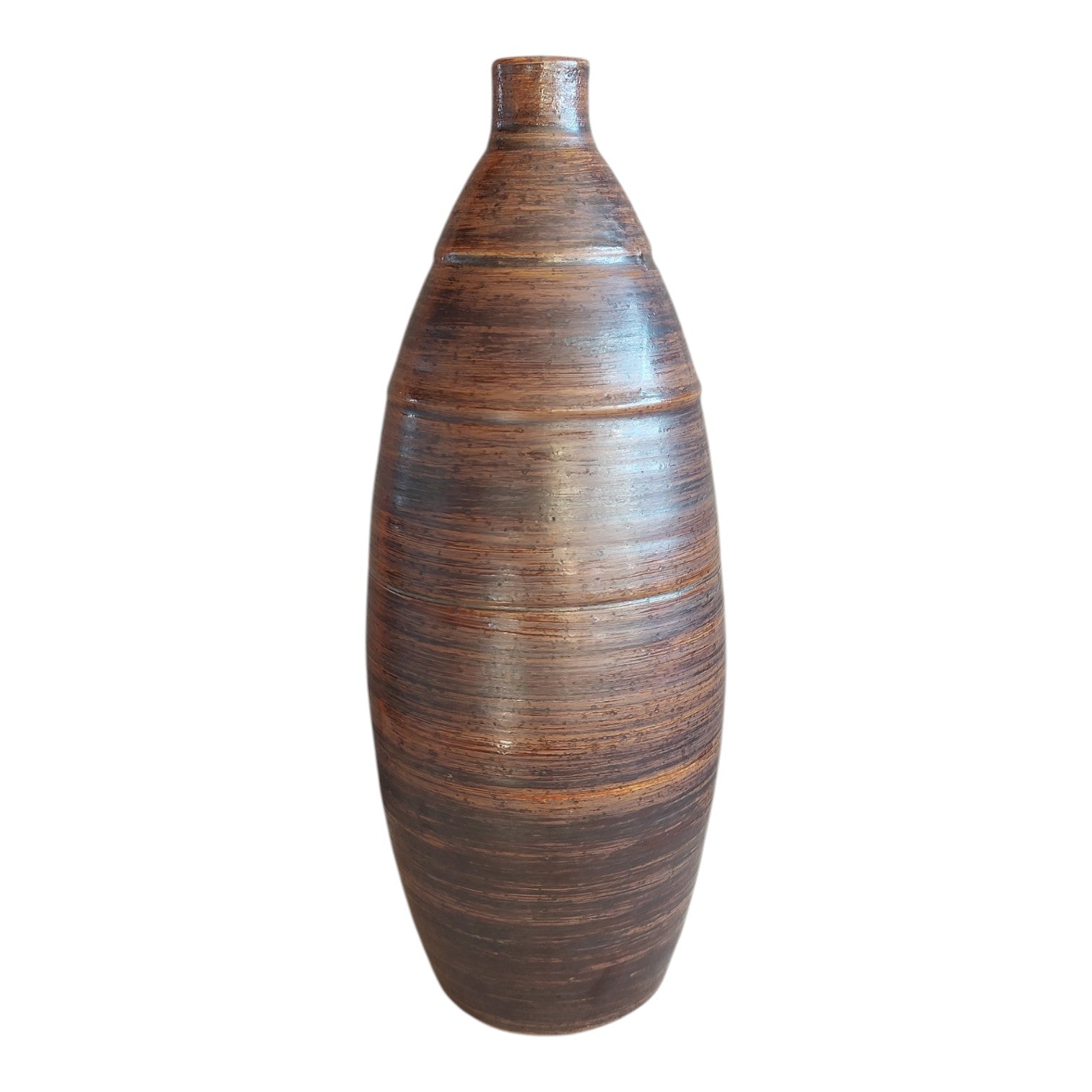 Keramikvase mit braunen Streifen & Rippenrelief – 70er Jahre