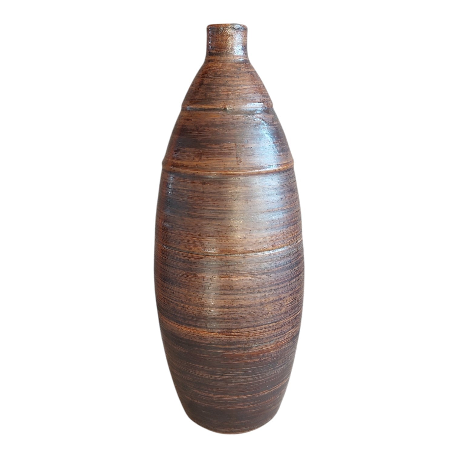 Keramikvase mit braunen Streifen & Rippenrelief – 70er Jahre
