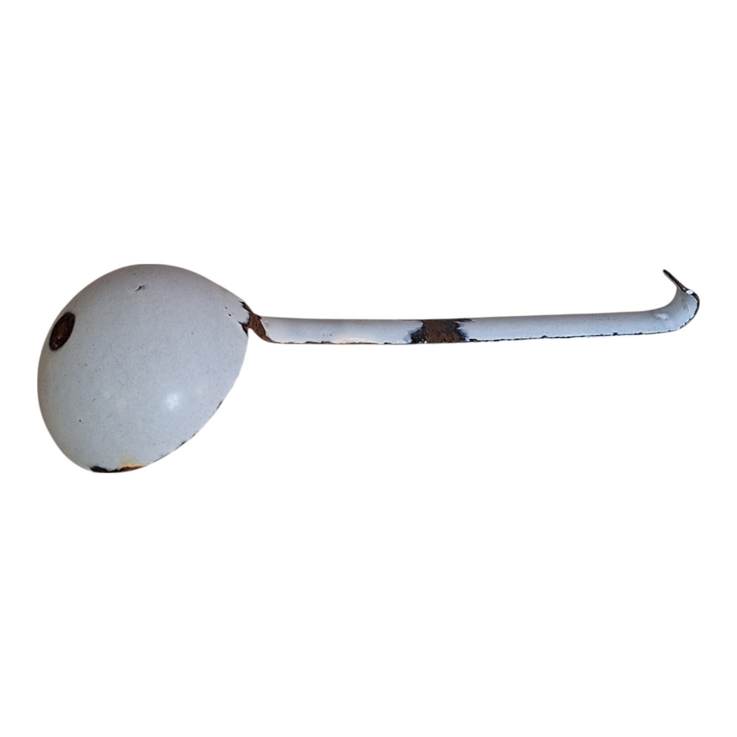 Vintage white with a bluish sheen enameled gravy spoon