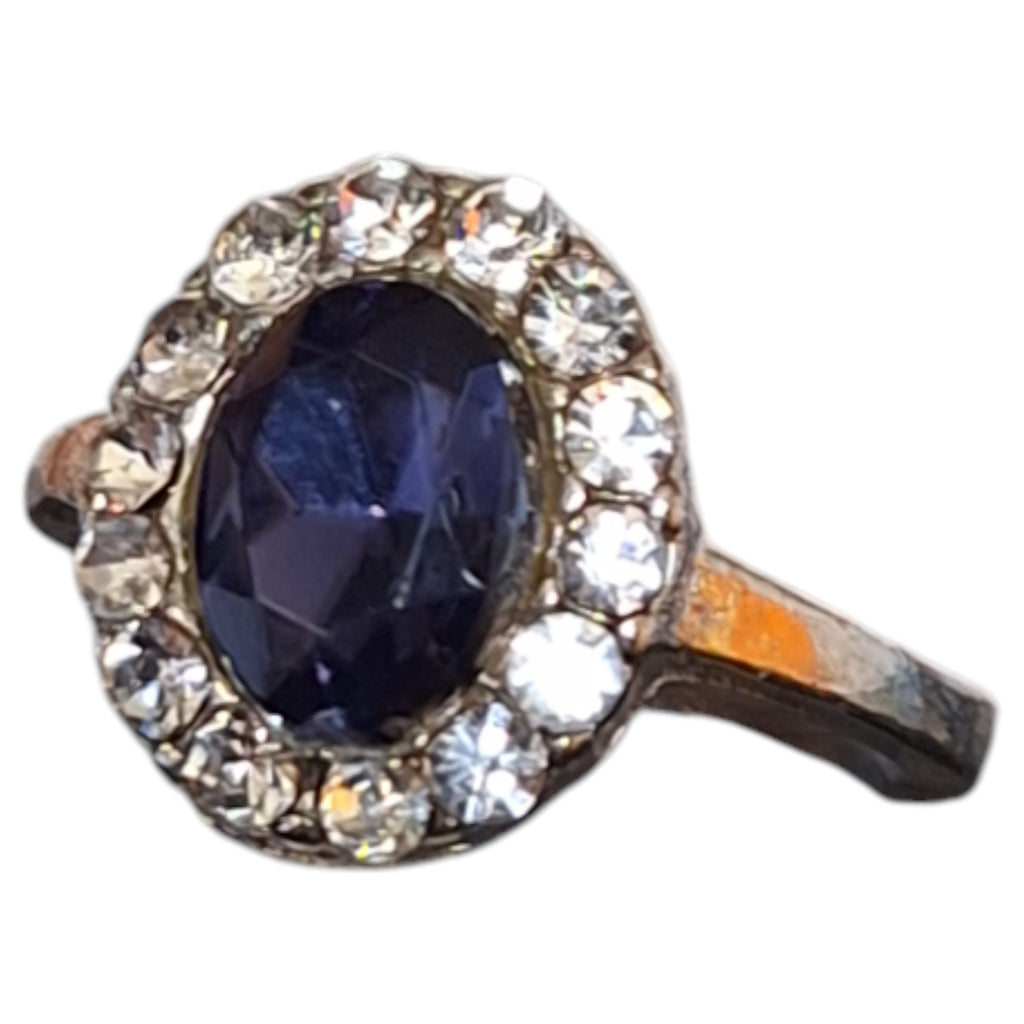 Vintage damesring - verzilverd met blauwe steen en strass