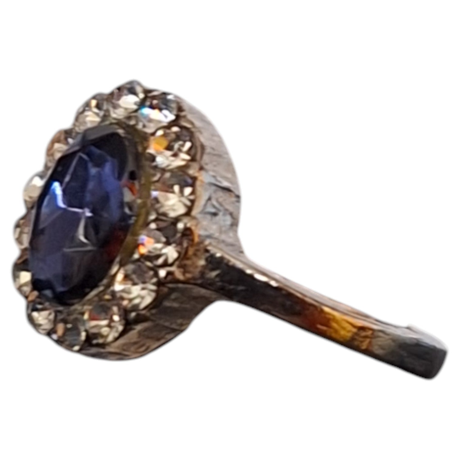 Vintage damesring - verzilverd met blauwe steen en strass