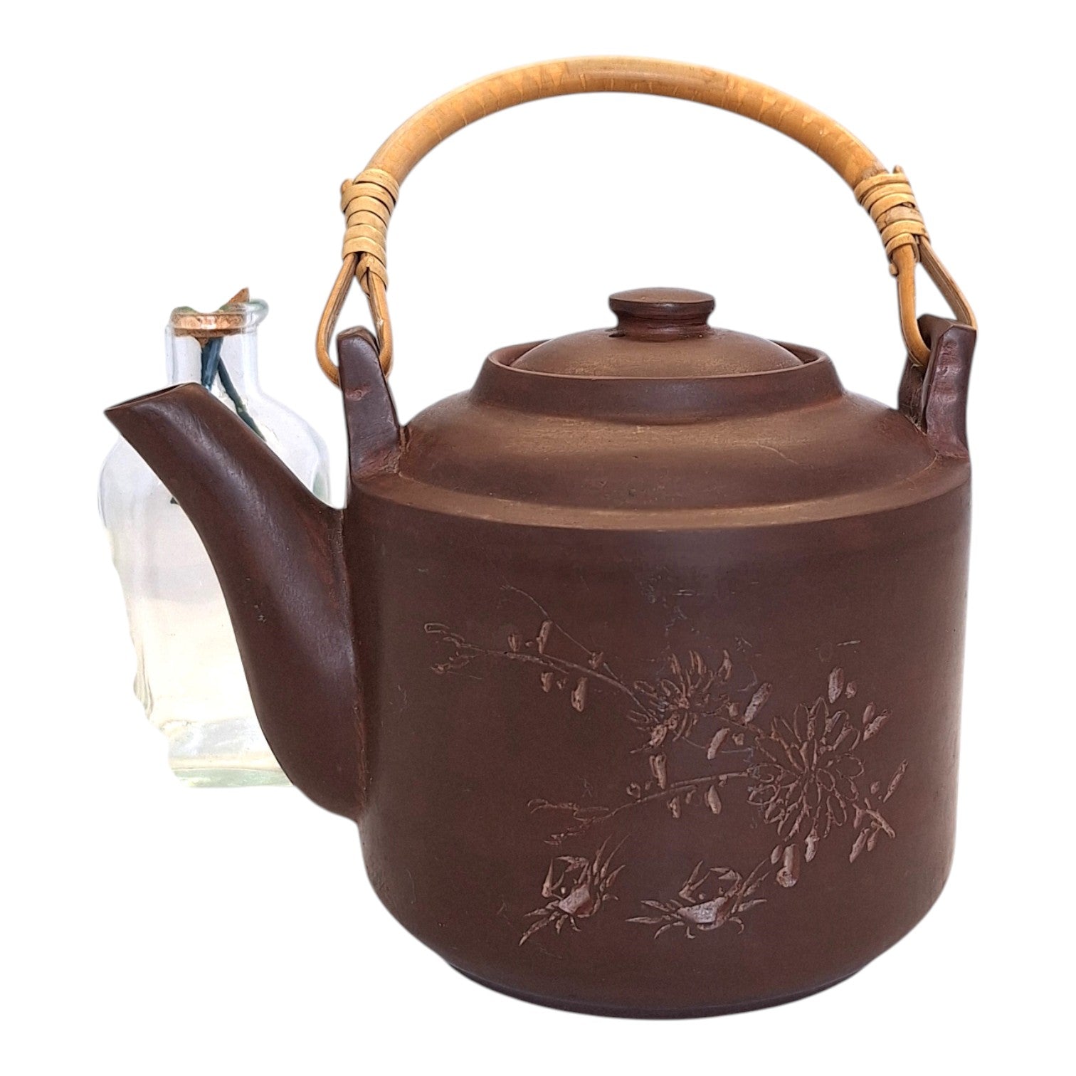 Aardewerk Theepot met Krabben & Bloemmotief – Bamboe Handvat, Jaren '70