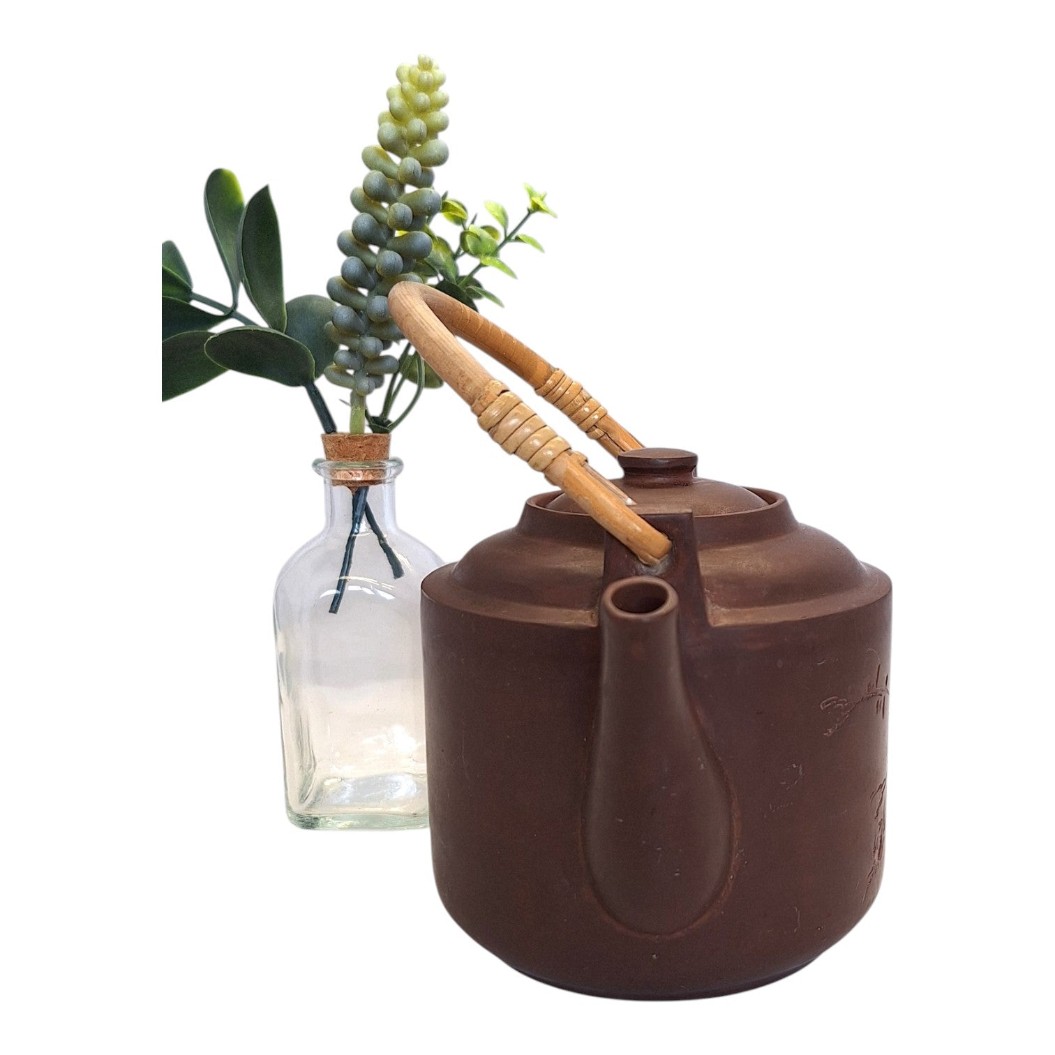 Aardewerk Theepot met Krabben & Bloemmotief – Bamboe Handvat, Jaren '70