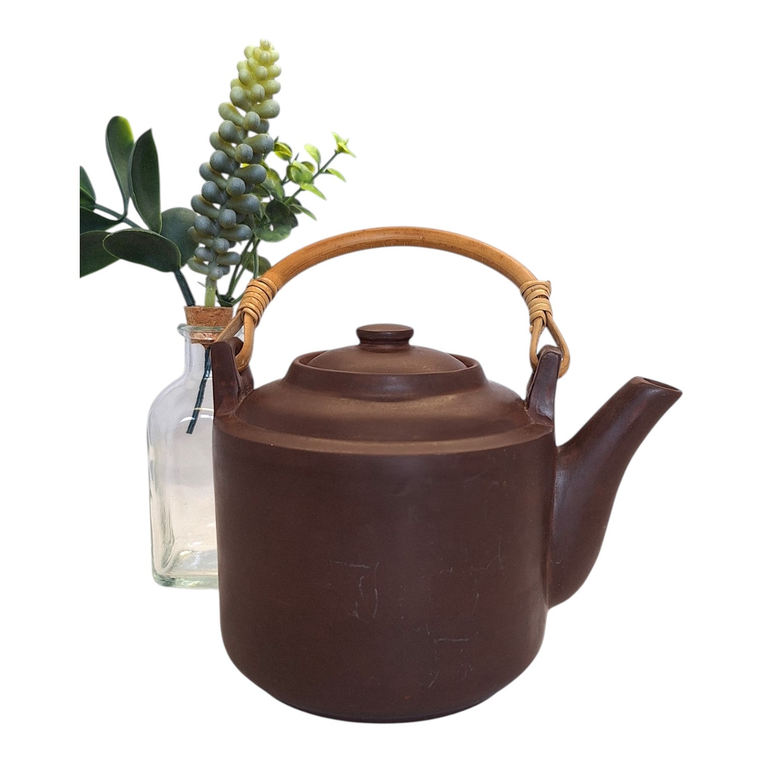 Steingut-Teekanne mit Krabben- & Blumenmuster – Bambusgriff, 70er Jahre