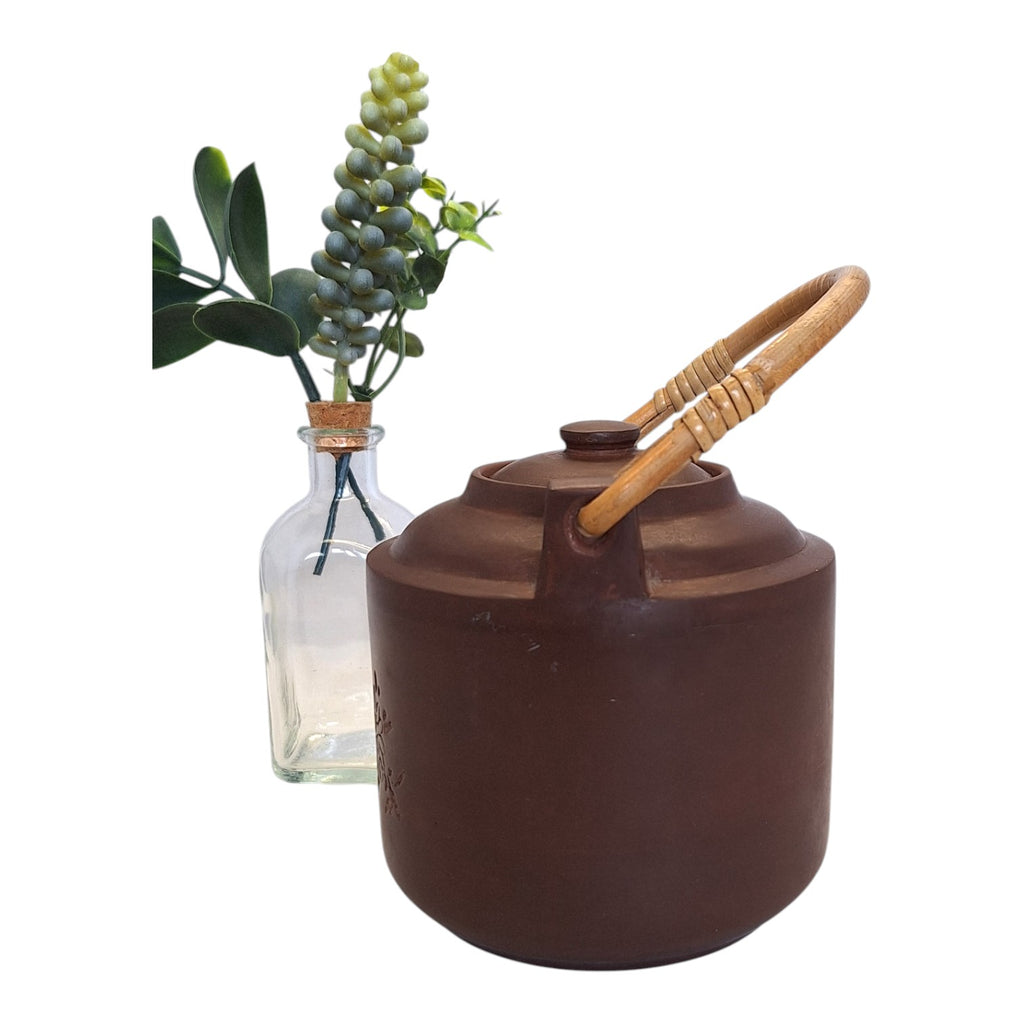 Steingut-Teekanne mit Krabben- & Blumenmuster – Bambusgriff, 70er Jahre