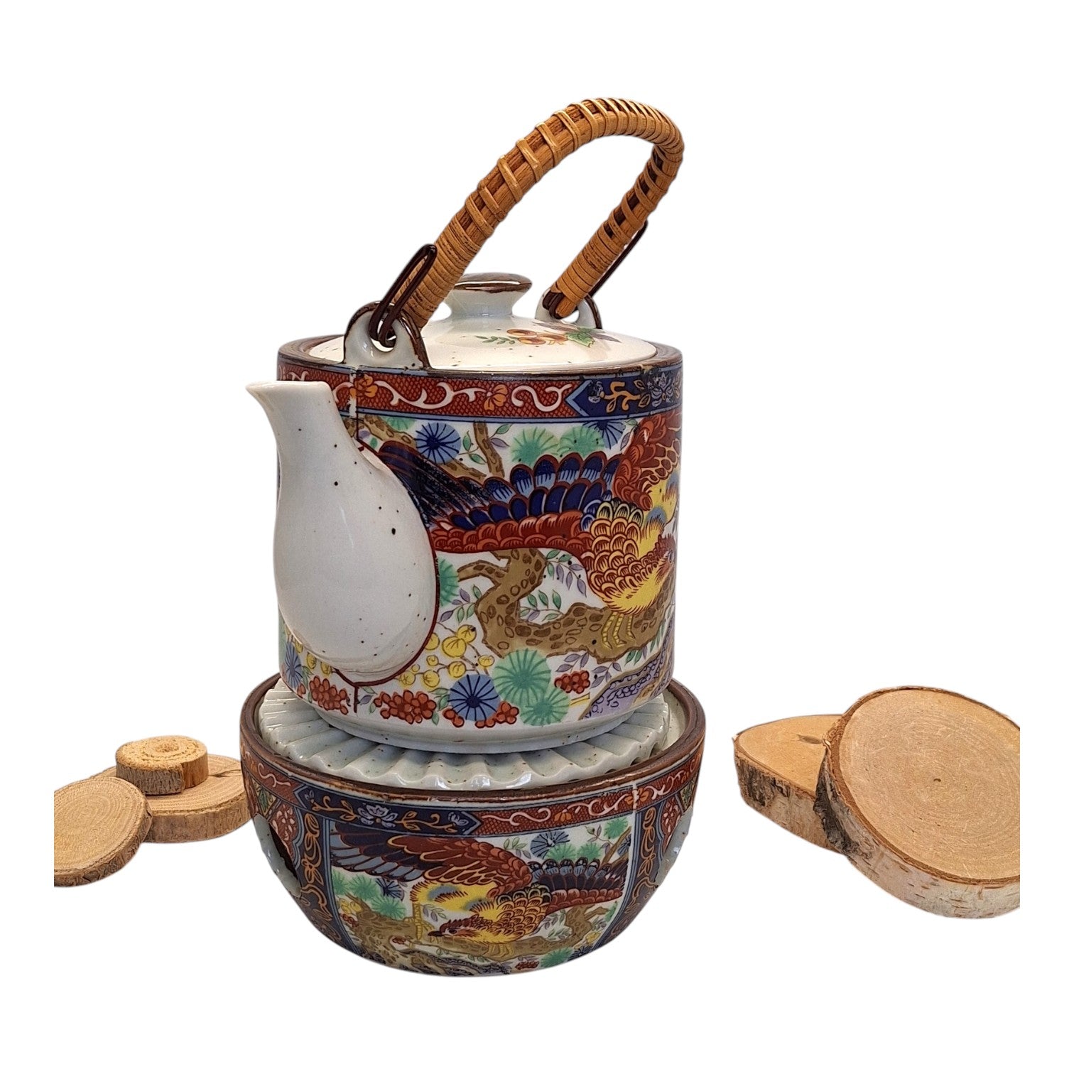 Porzellan Teekanne auf Stövchen mit Phönix-Dekor & Rattanhenkel – 60er Jahre