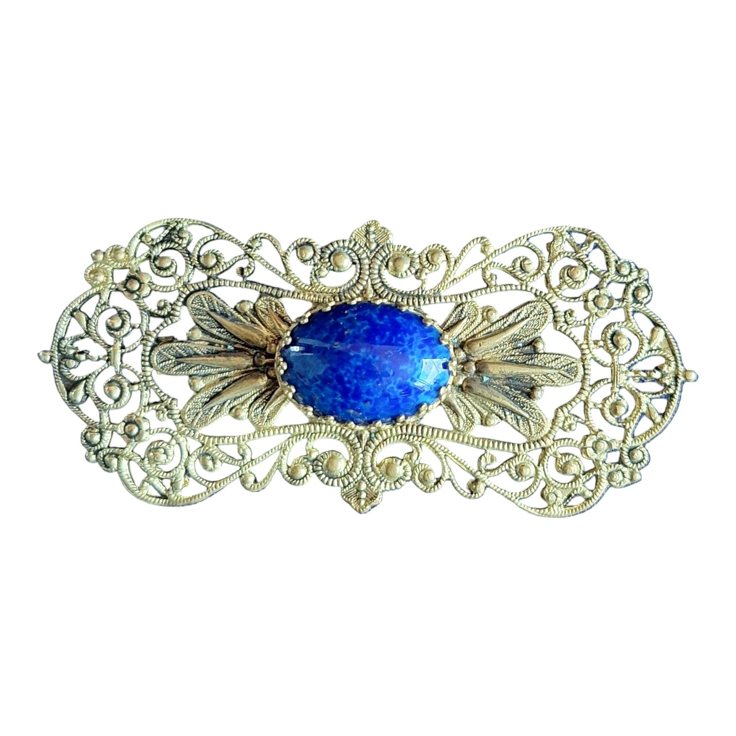 Filigrane Brosche mit blauem Stein – Reich verzierter Modeschmuck