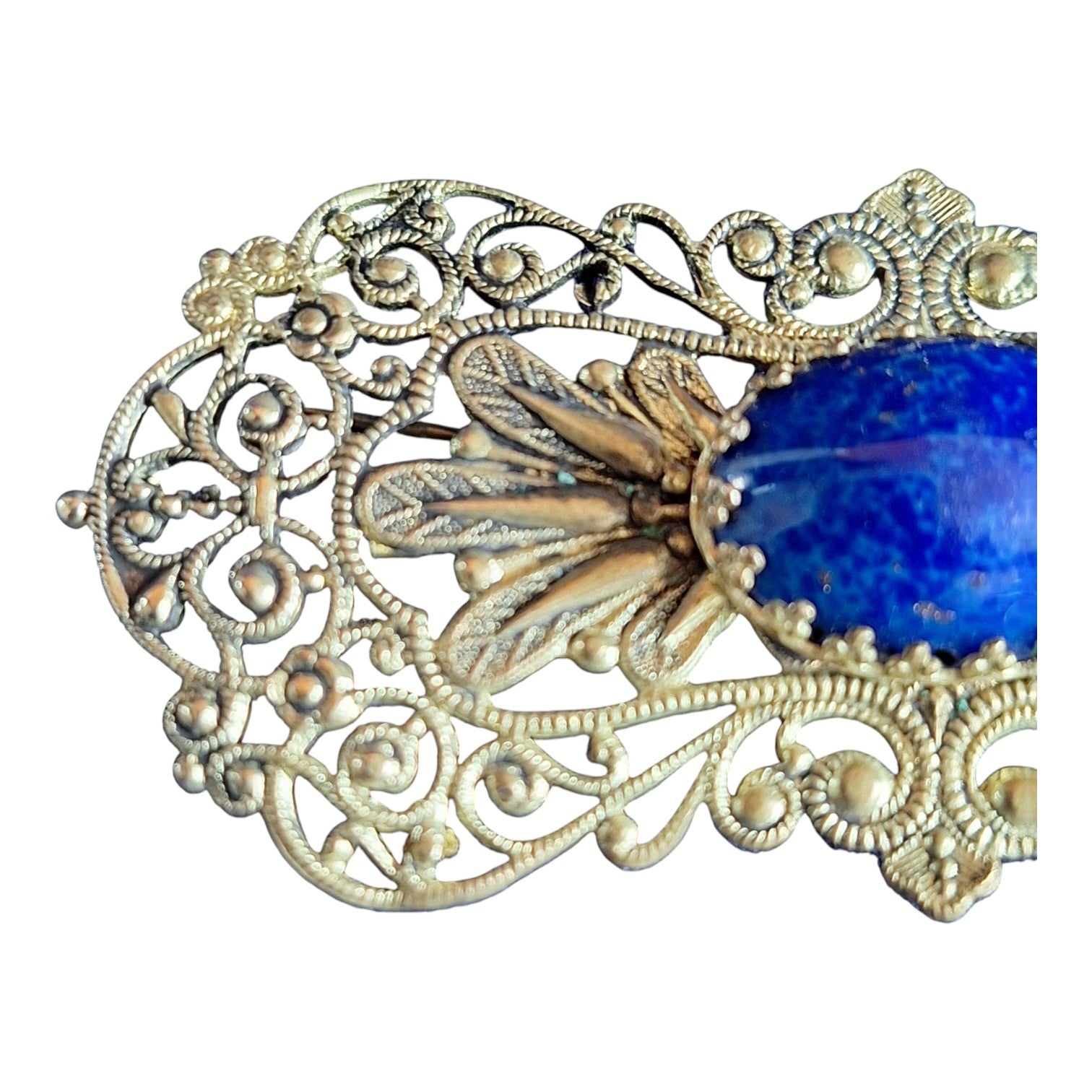 Filigrane Brosche mit blauem Stein – Reich verzierter Modeschmuck