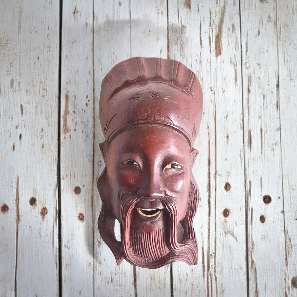 Wooden wall mask with face, mustache and traditional headdress – Chinese / Japanese
