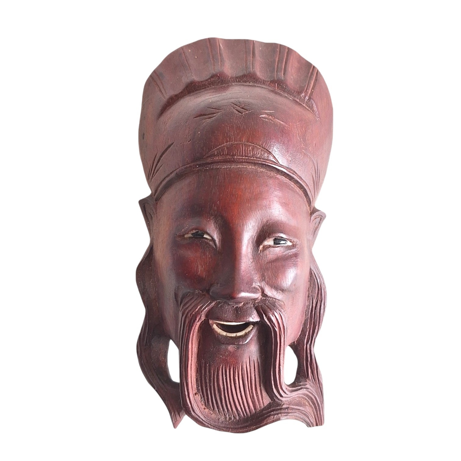 Hölzerne Wandmaske mit Gesicht, Schnurrbart und traditioneller Kopfbedeckung – Chinesisch / Japanisch