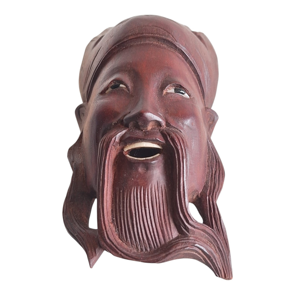 Wooden wall mask with face, mustache and traditional headdress – Chinese / Japanese