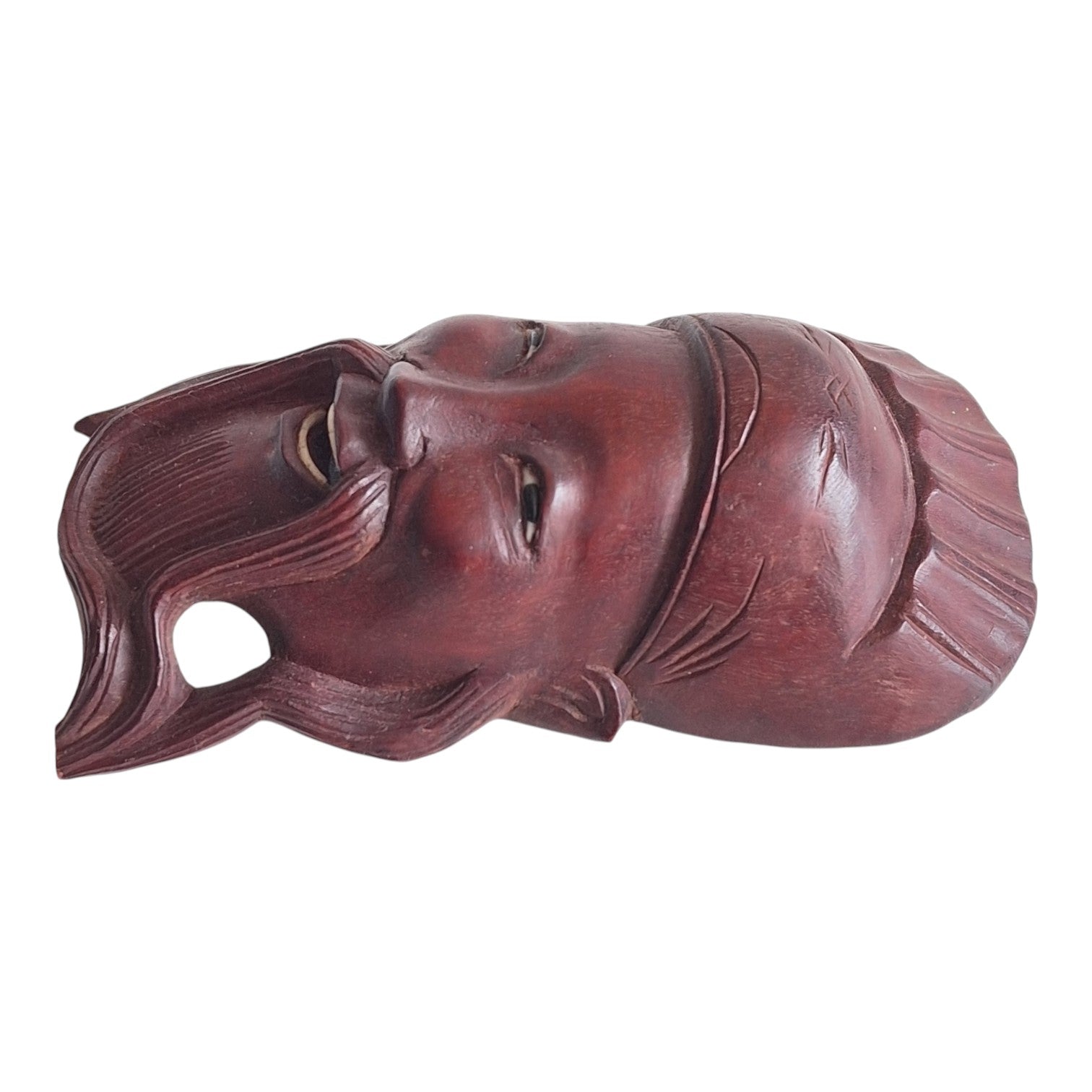 Hölzerne Wandmaske mit Gesicht, Schnurrbart und traditioneller Kopfbedeckung – Chinesisch / Japanisch