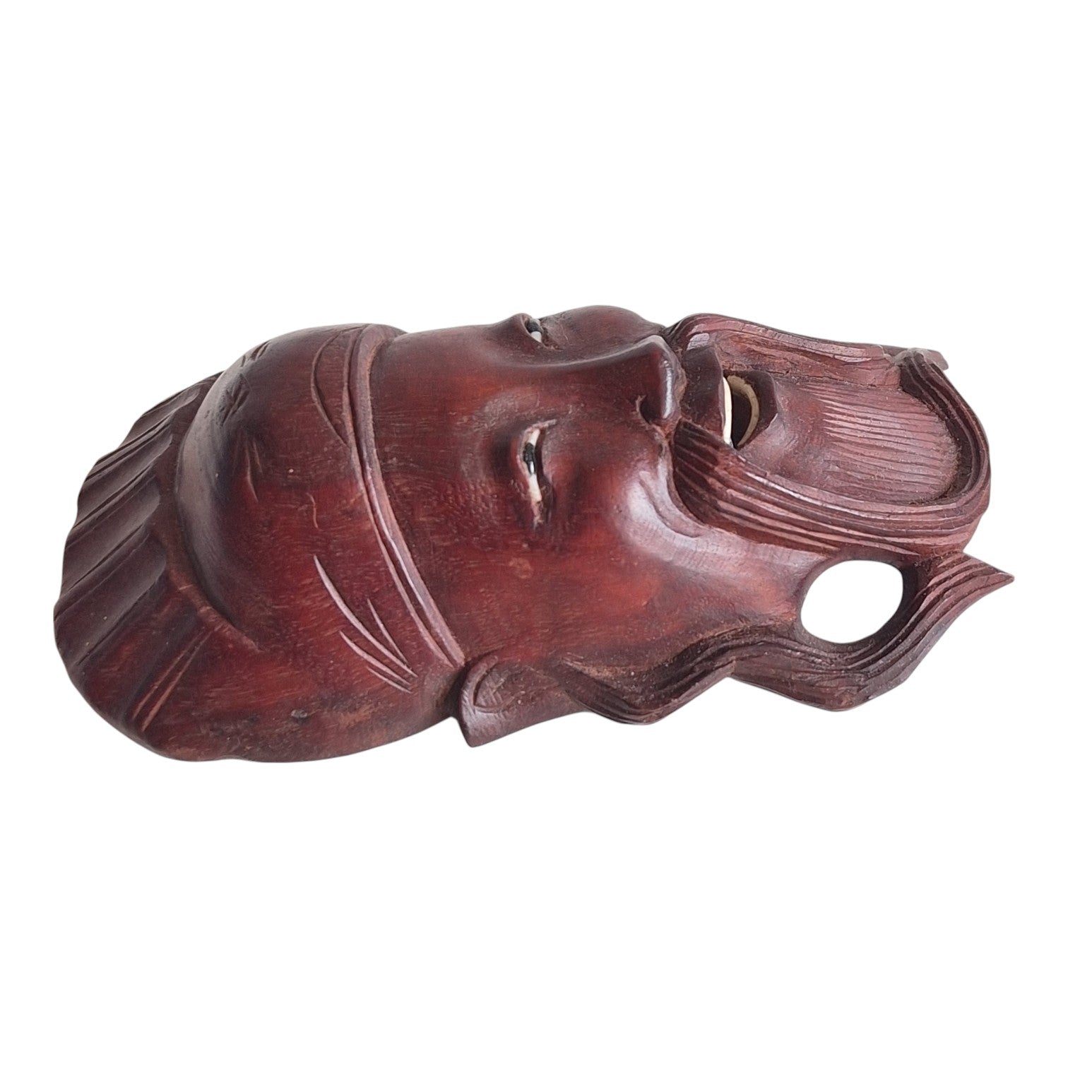 Wooden wall mask with face, mustache and traditional headdress – Chinese / Japanese