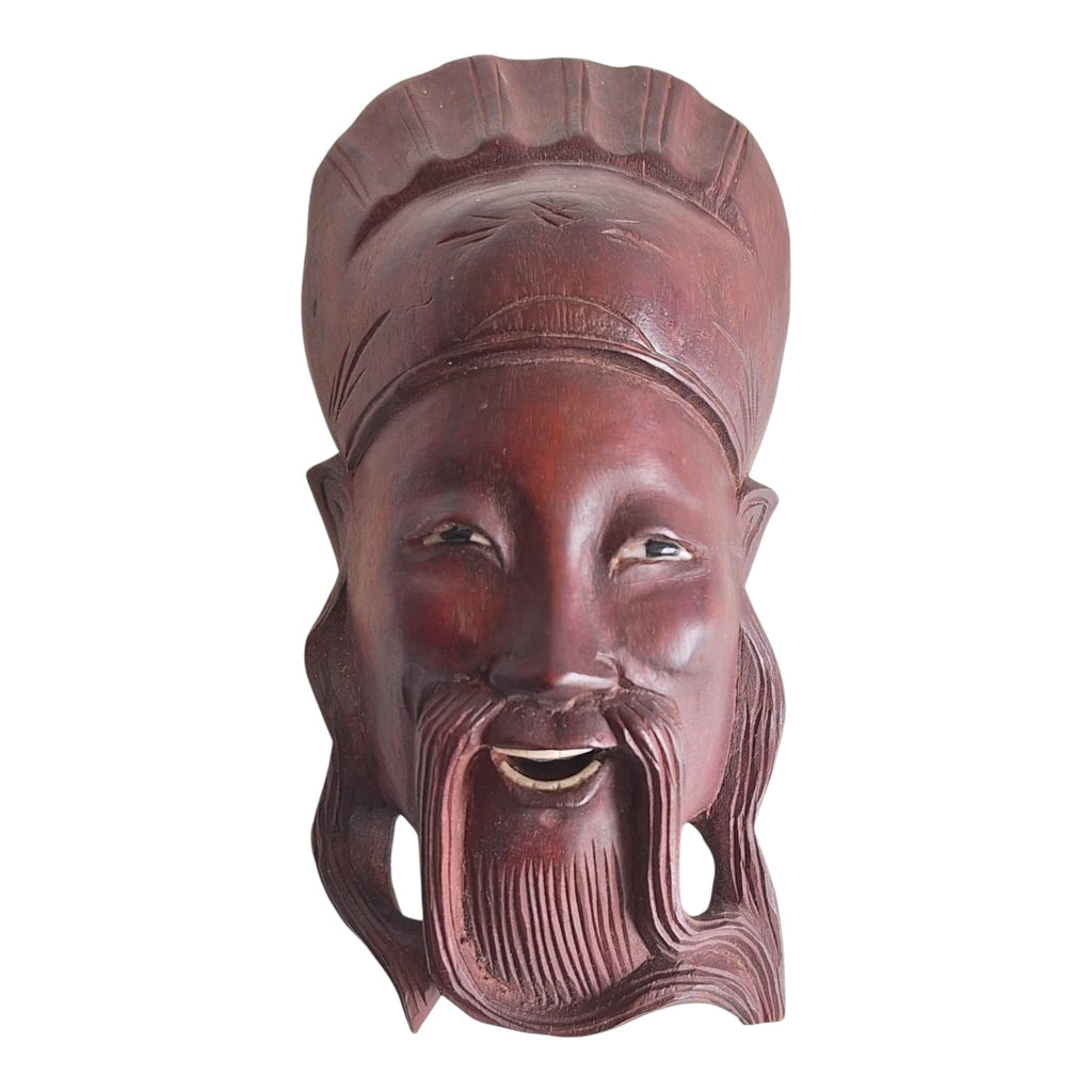 Wooden wall mask with face, mustache and traditional headdress – Chinese / Japanese