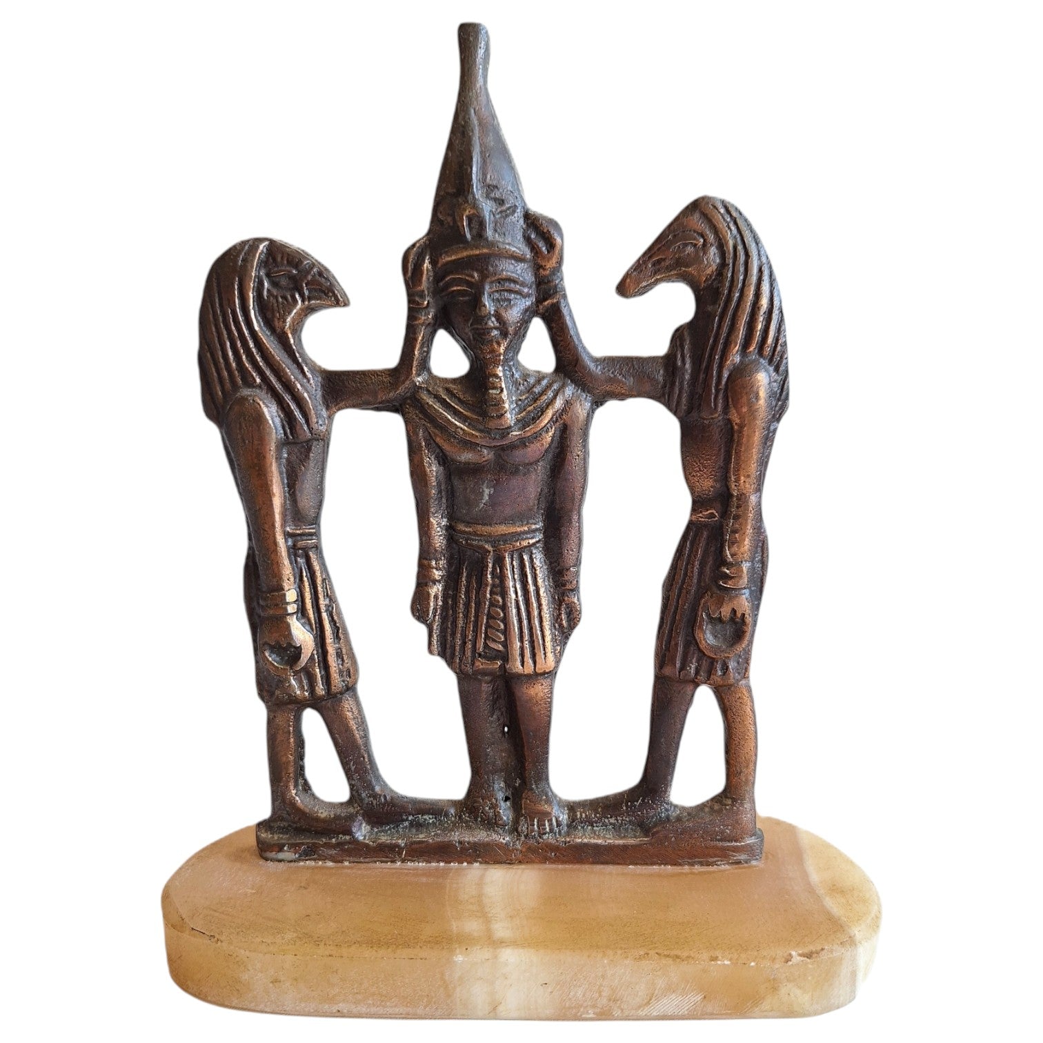 Brass statue Ramses III with Horus and Seth on marble base – Egyptian, Art Deco style