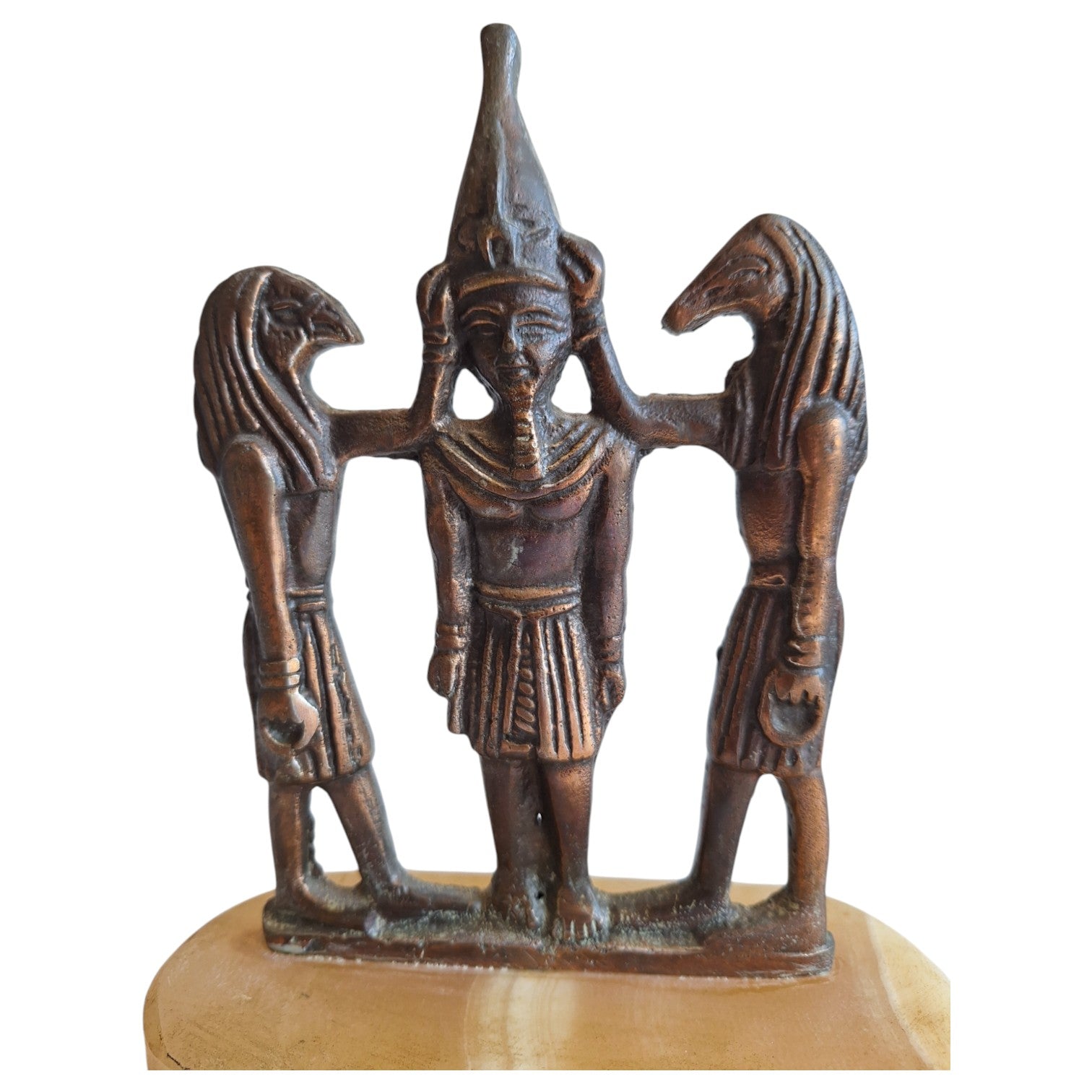 Brass statue Ramses III with Horus and Seth on marble base – Egyptian, Art Deco style
