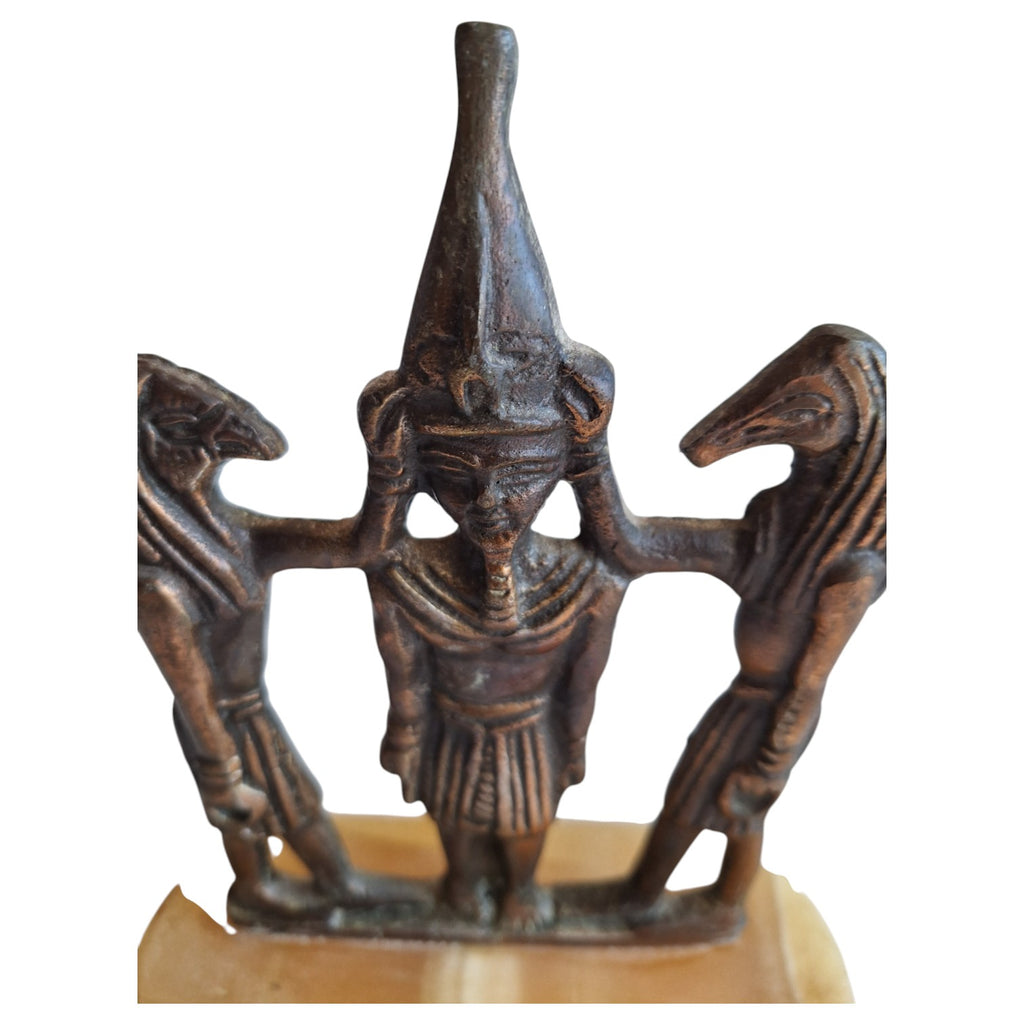 Brass statue Ramses III with Horus and Seth on marble base – Egyptian, Art Deco style