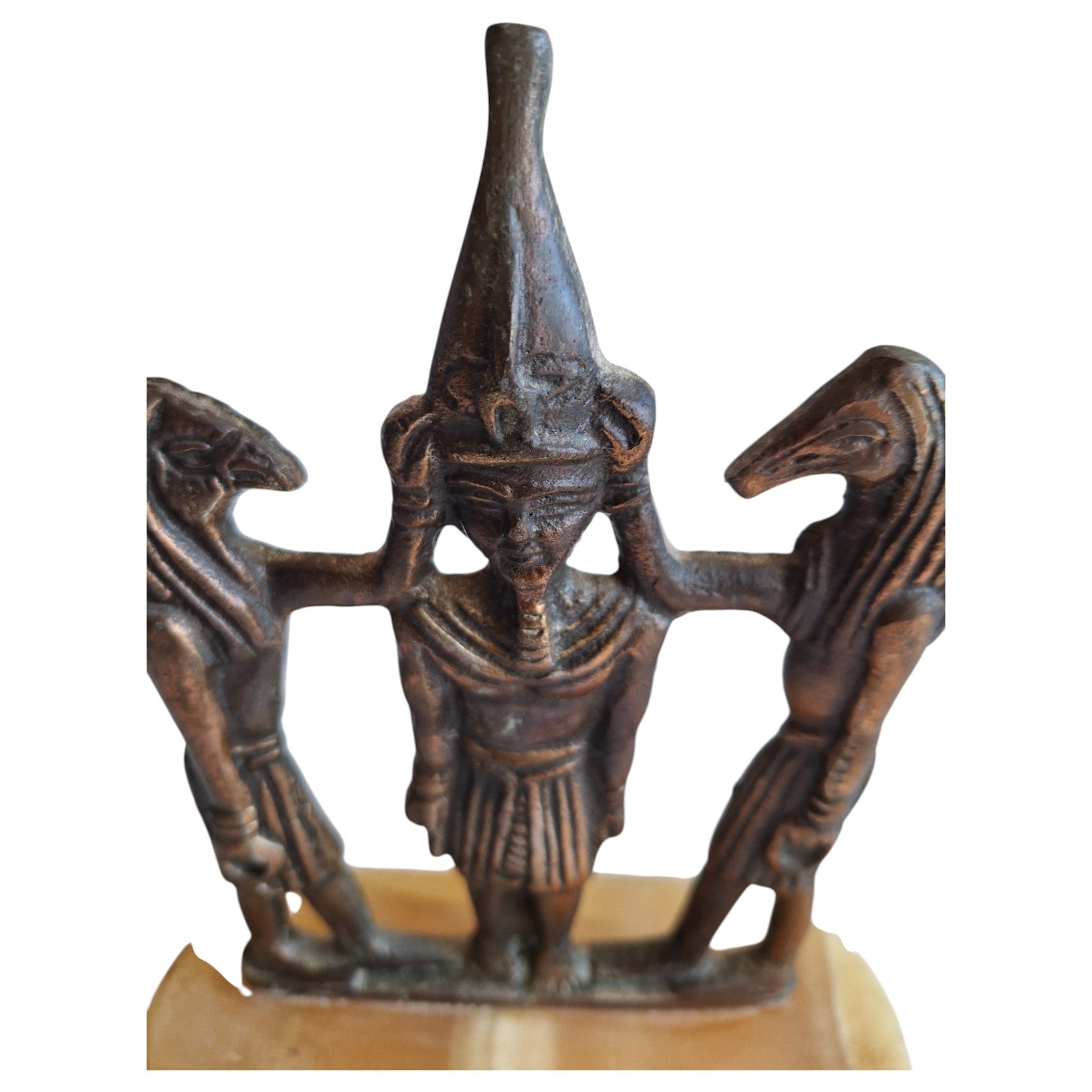 Brass statue Ramses III with Horus and Seth on marble base – Egyptian, Art Deco style