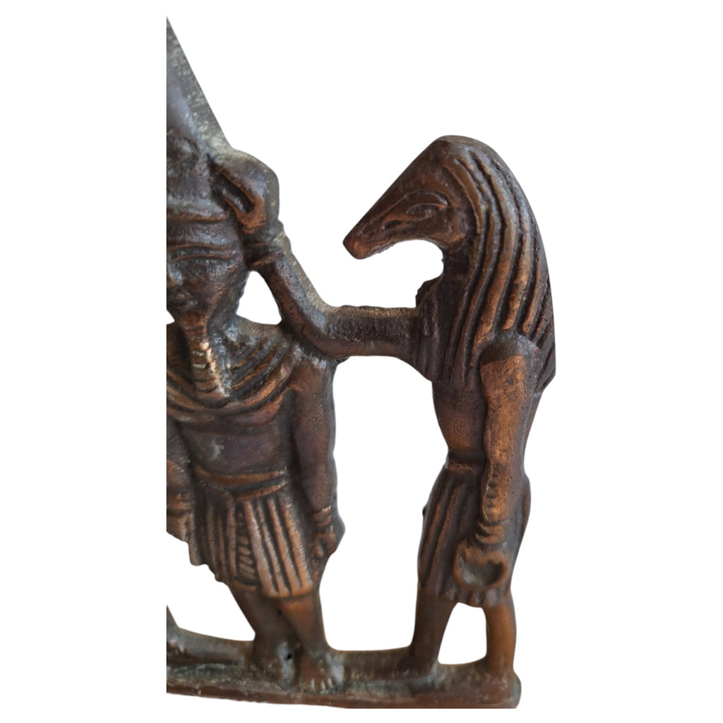 Brass statue Ramses III with Horus and Seth on marble base – Egyptian, Art Deco style