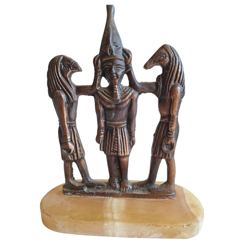 Brass statue Ramses III with Horus and Seth on marble base – Egyptian, Art Deco style