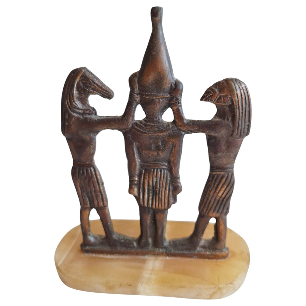 Brass statue Ramses III with Horus and Seth on marble base – Egyptian, Art Deco style
