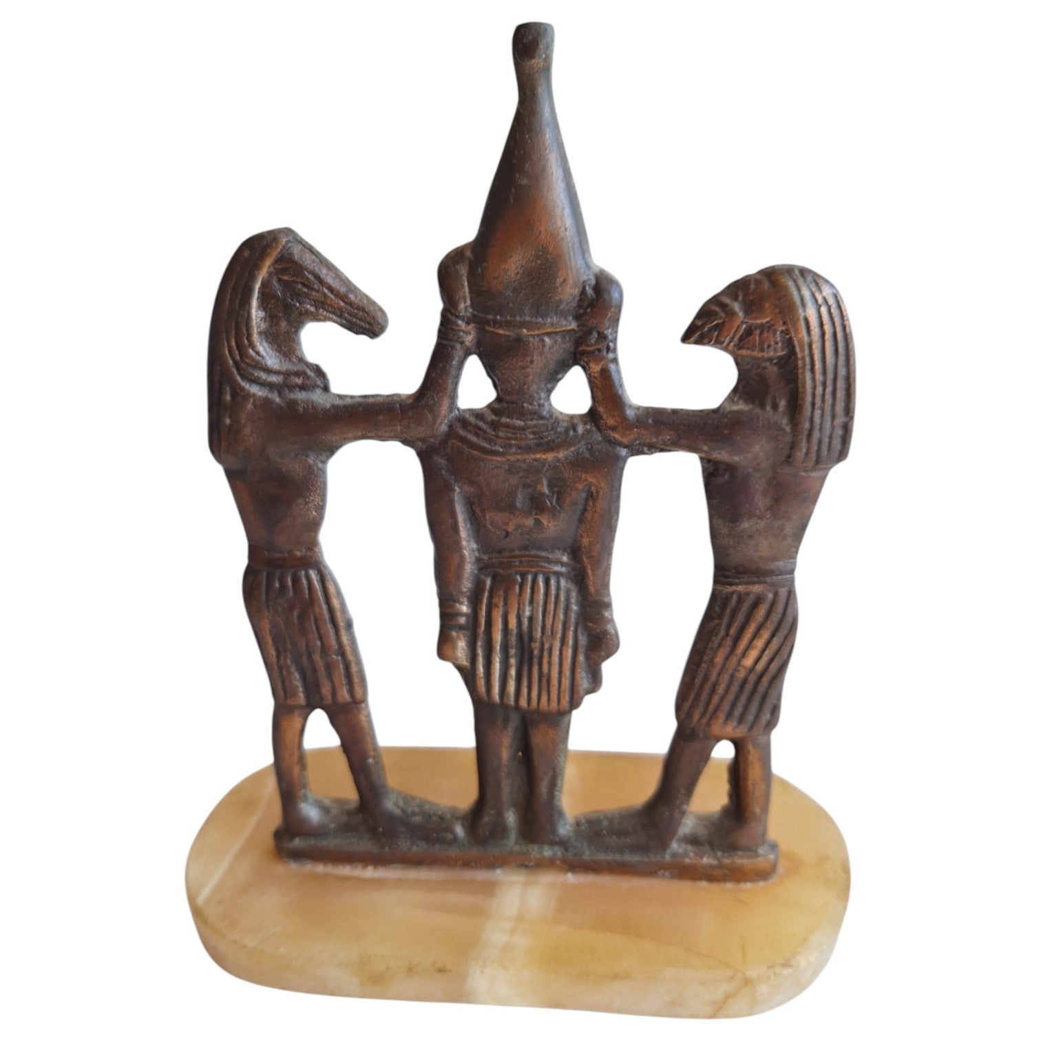 Brass statue Ramses III with Horus and Seth on marble base – Egyptian, Art Deco style