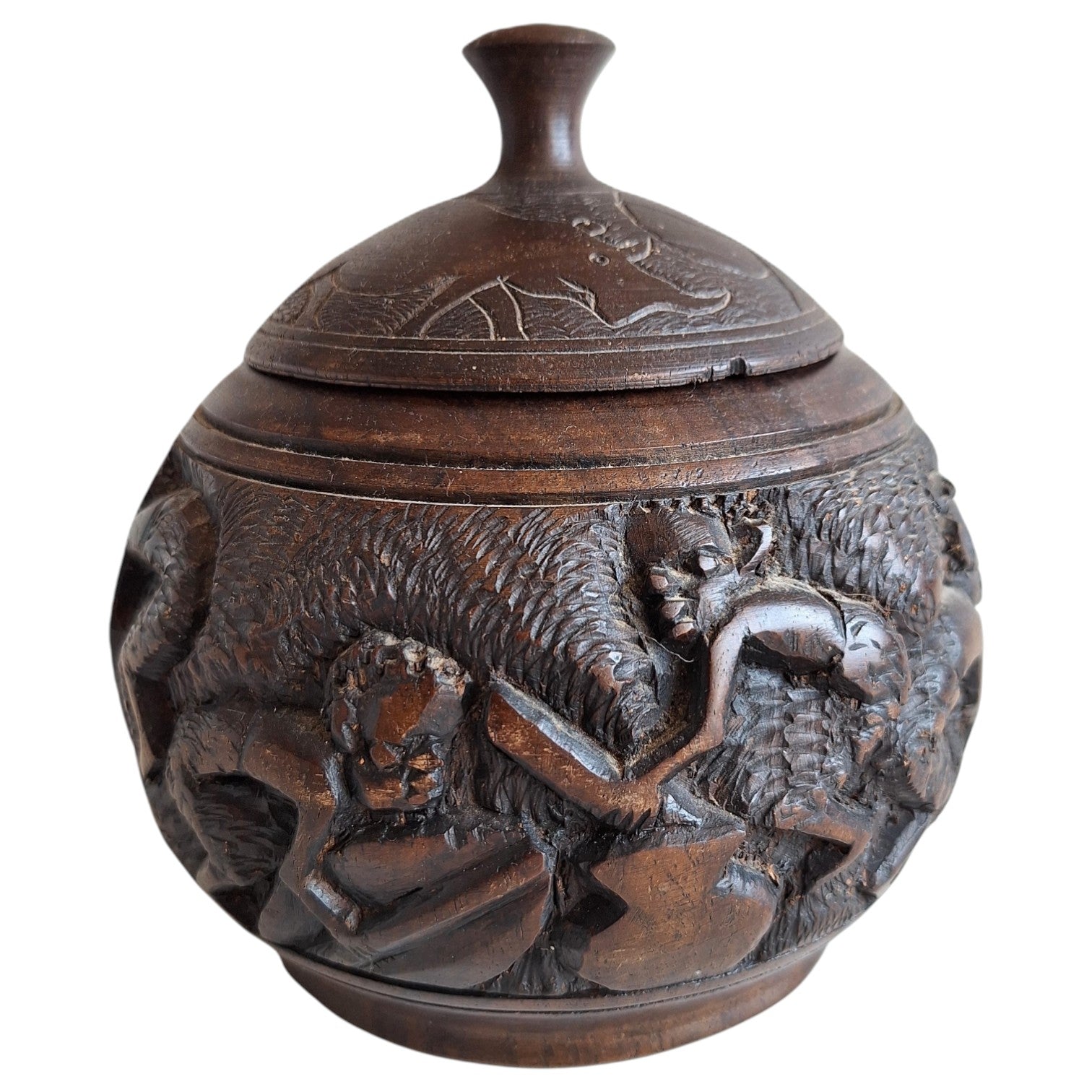 Hand-carved round wooden pot with lid and figures – African craftsmanship