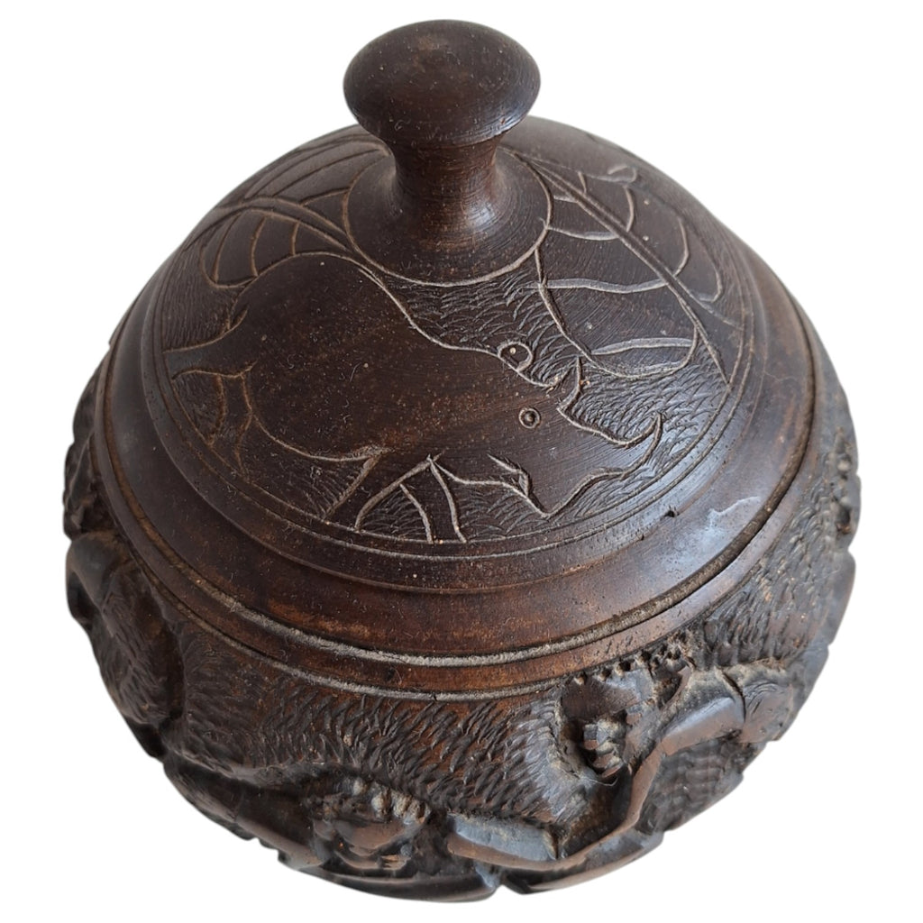 Hand-carved round wooden pot with lid and figures – African craftsmanship