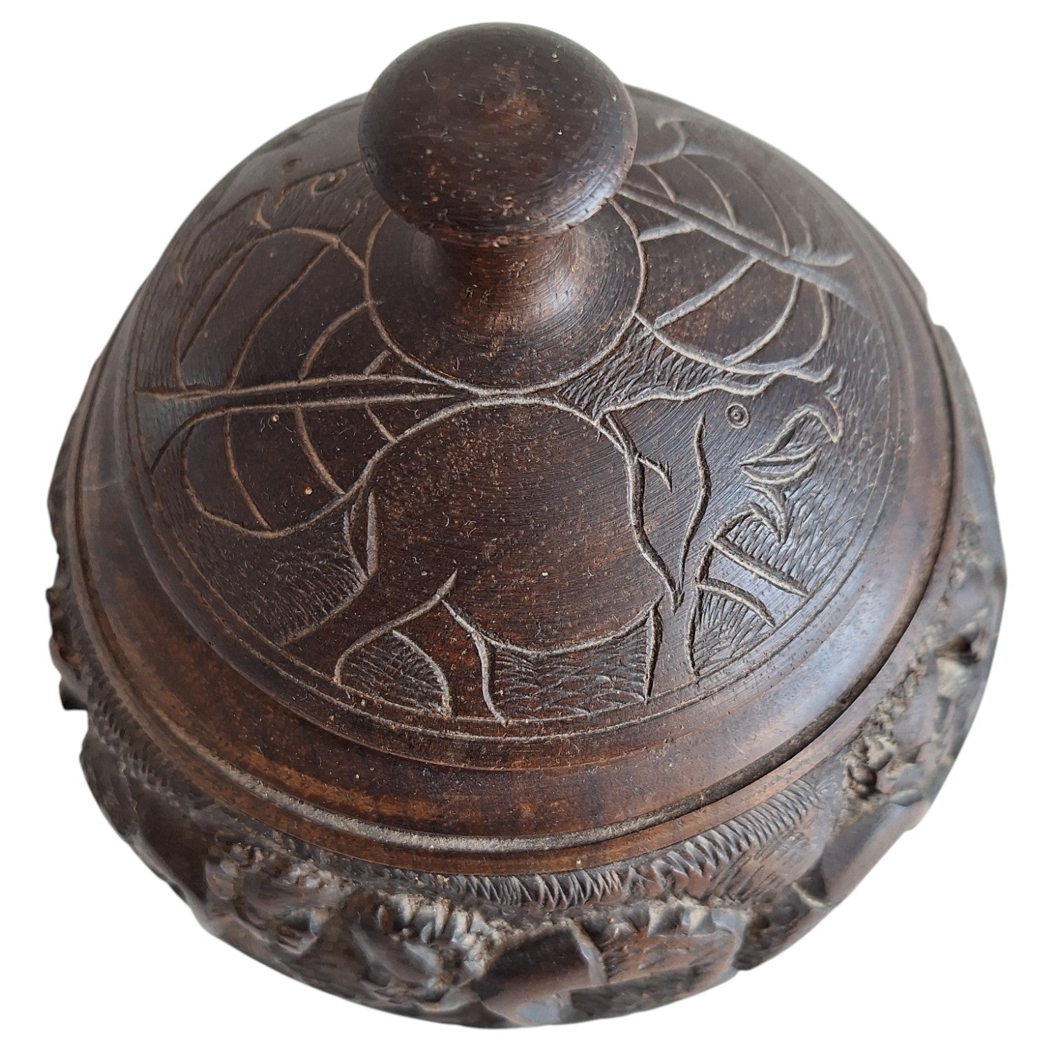 Hand-carved round wooden pot with lid and figures – African craftsmanship