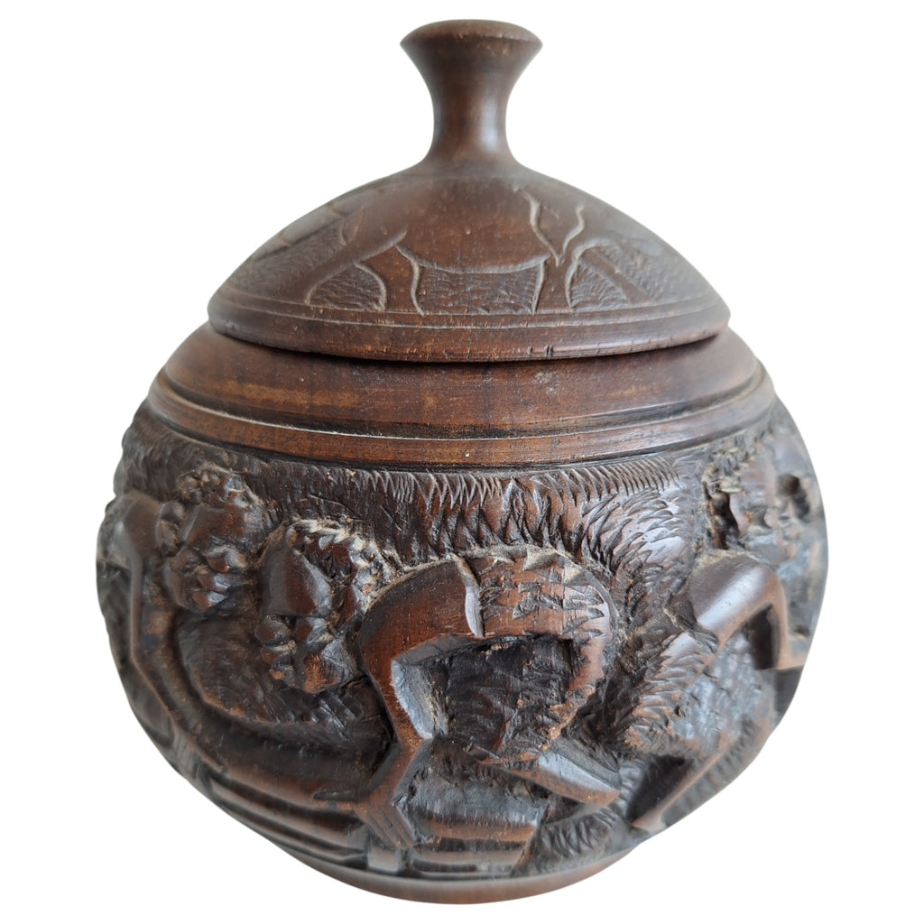 Hand-carved round wooden pot with lid and figures – African craftsmanship
