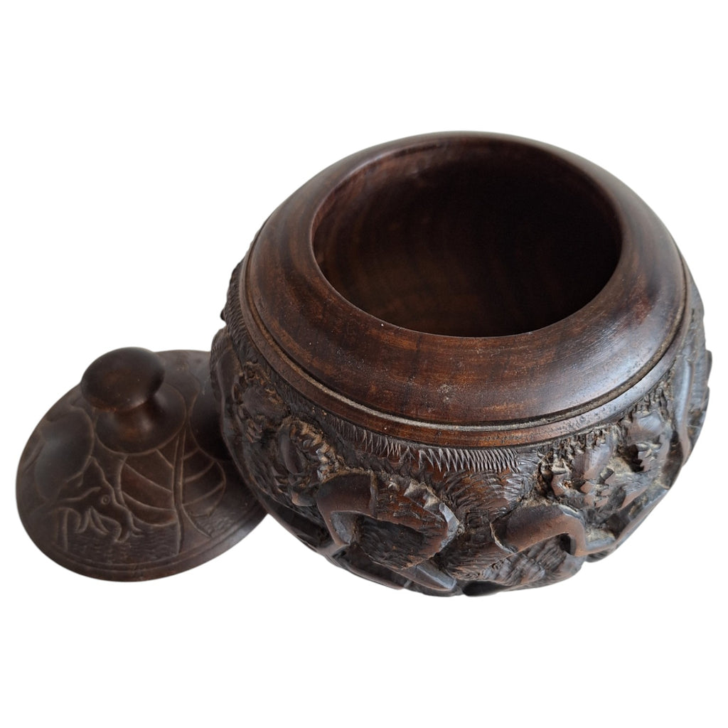 Hand-carved round wooden pot with lid and figures – African craftsmanship