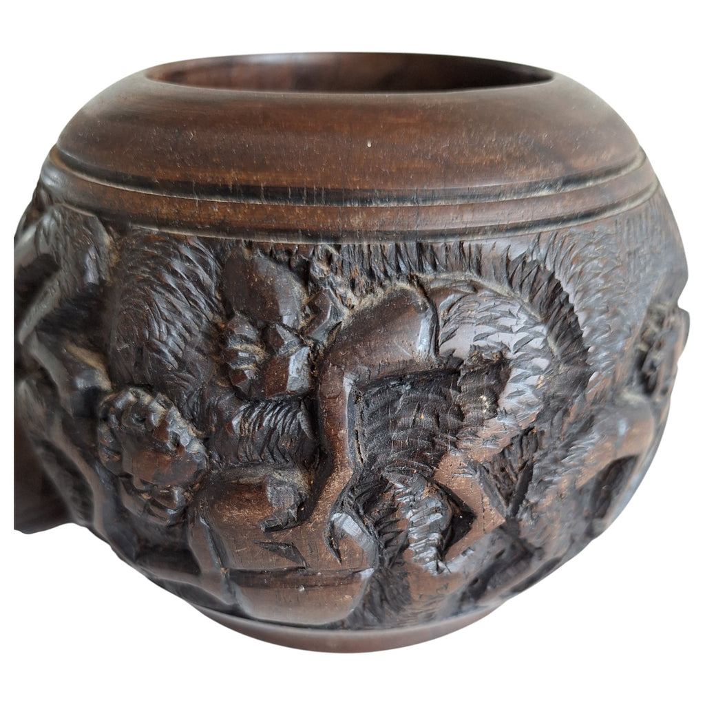 Hand-carved round wooden pot with lid and figures – African craftsmanship