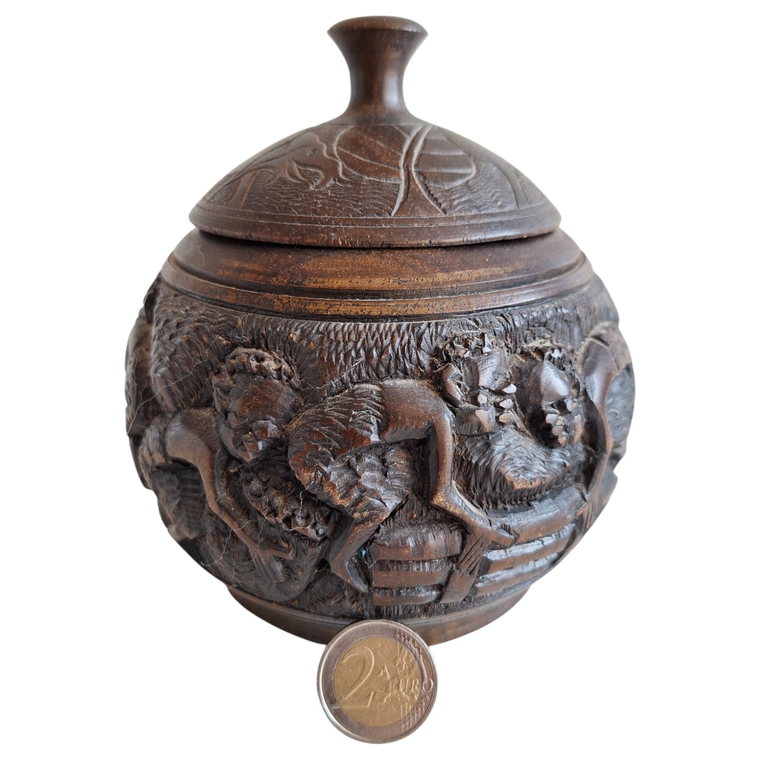 Hand-carved round wooden pot with lid and figures – African craftsmanship