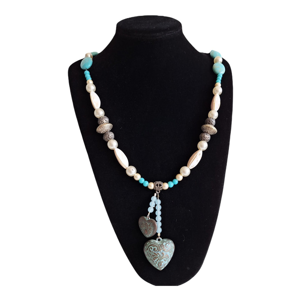 Turquoise, silver and white necklace with heart pendant