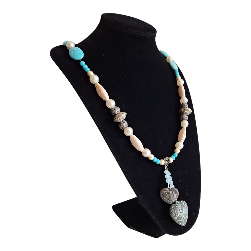 Turquoise, silver and white necklace with heart pendant