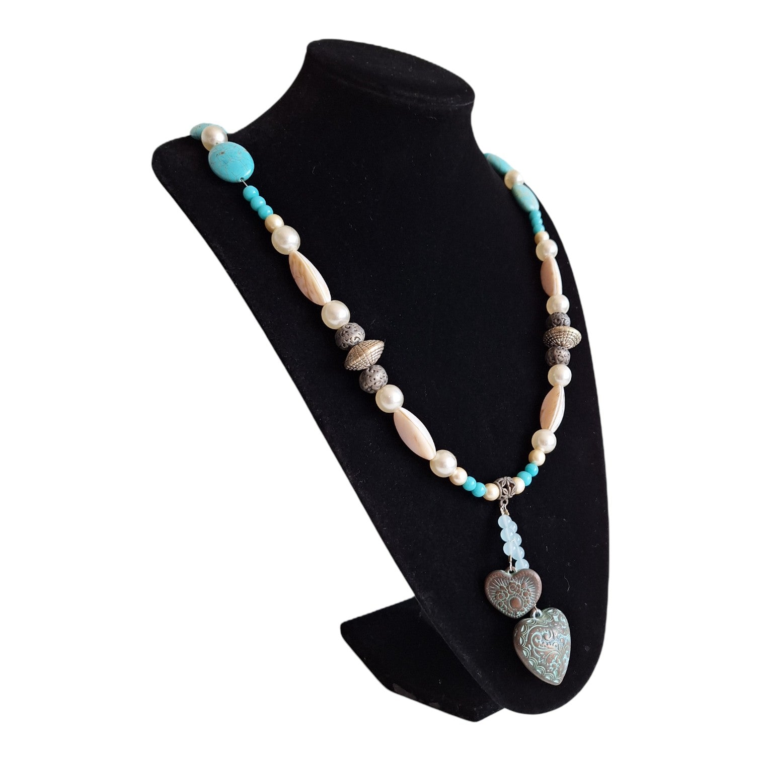 Turquoise, silver and white necklace with heart pendant