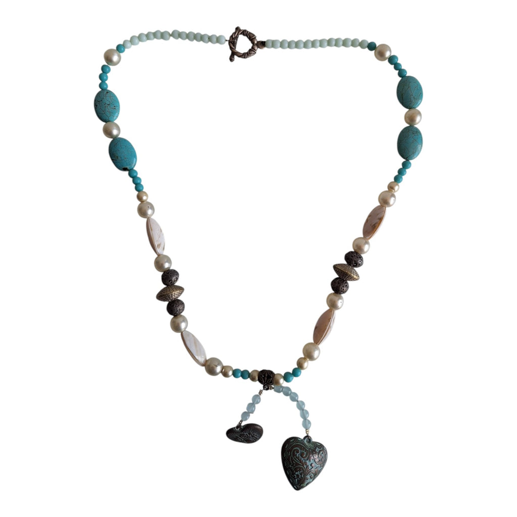 Turquoise, silver and white necklace with heart pendant