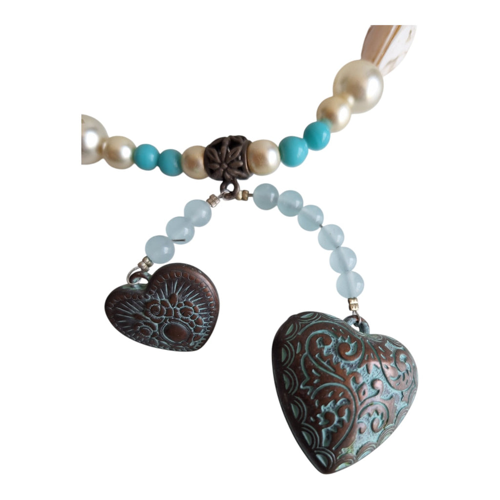 Turquoise, silver and white necklace with heart pendant