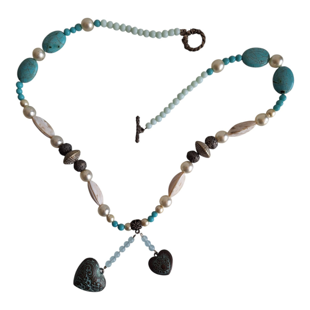 Turquoise, silver and white necklace with heart pendant