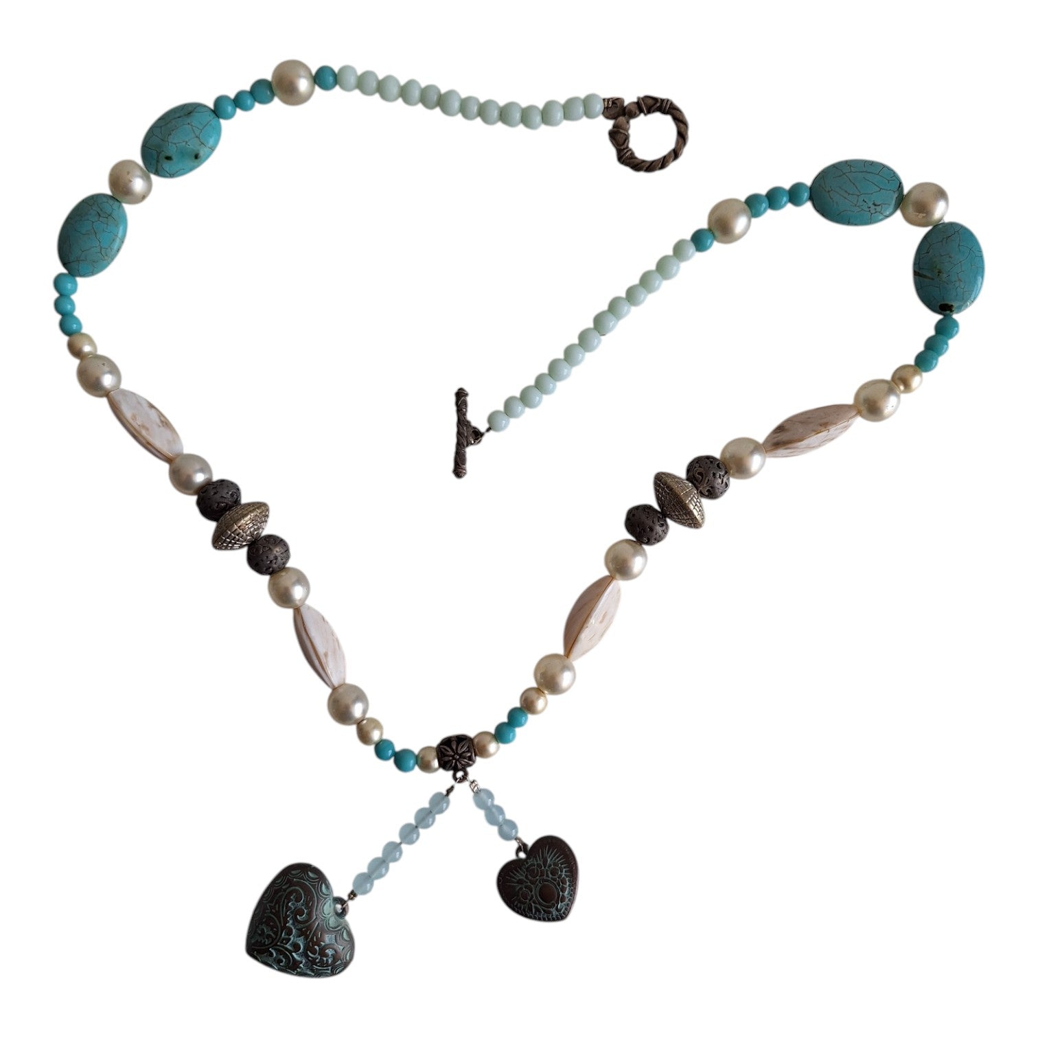 Turquoise, silver and white necklace with heart pendant