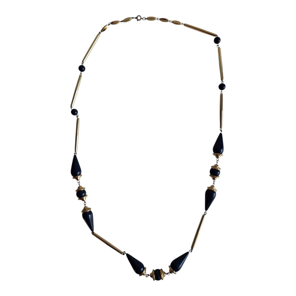Gold-colored necklace with various blue wooden beads