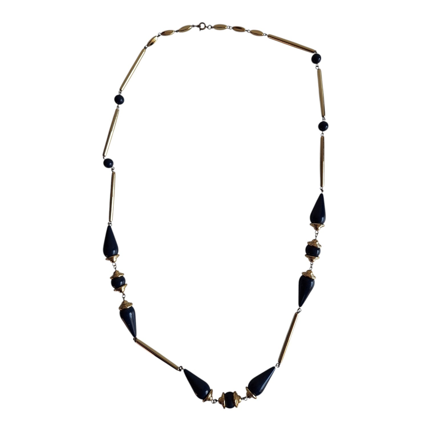 Gold-colored necklace with various blue wooden beads