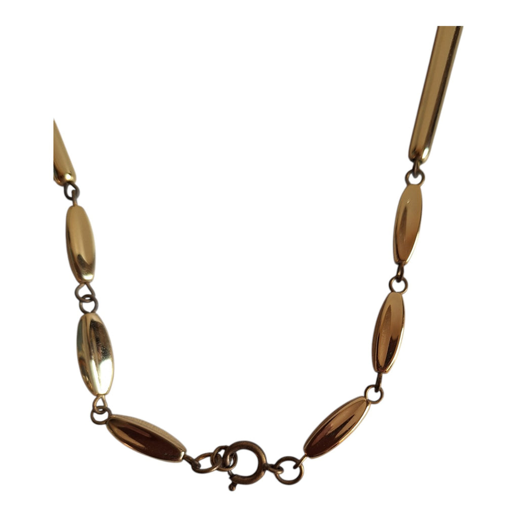 Gold-colored necklace with various blue wooden beads