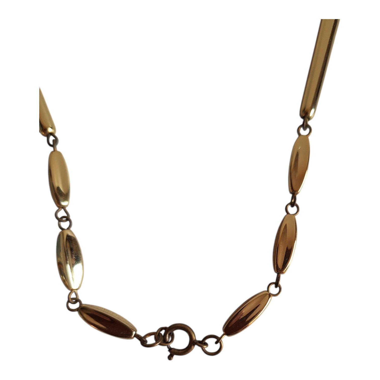 Gold-colored necklace with various blue wooden beads