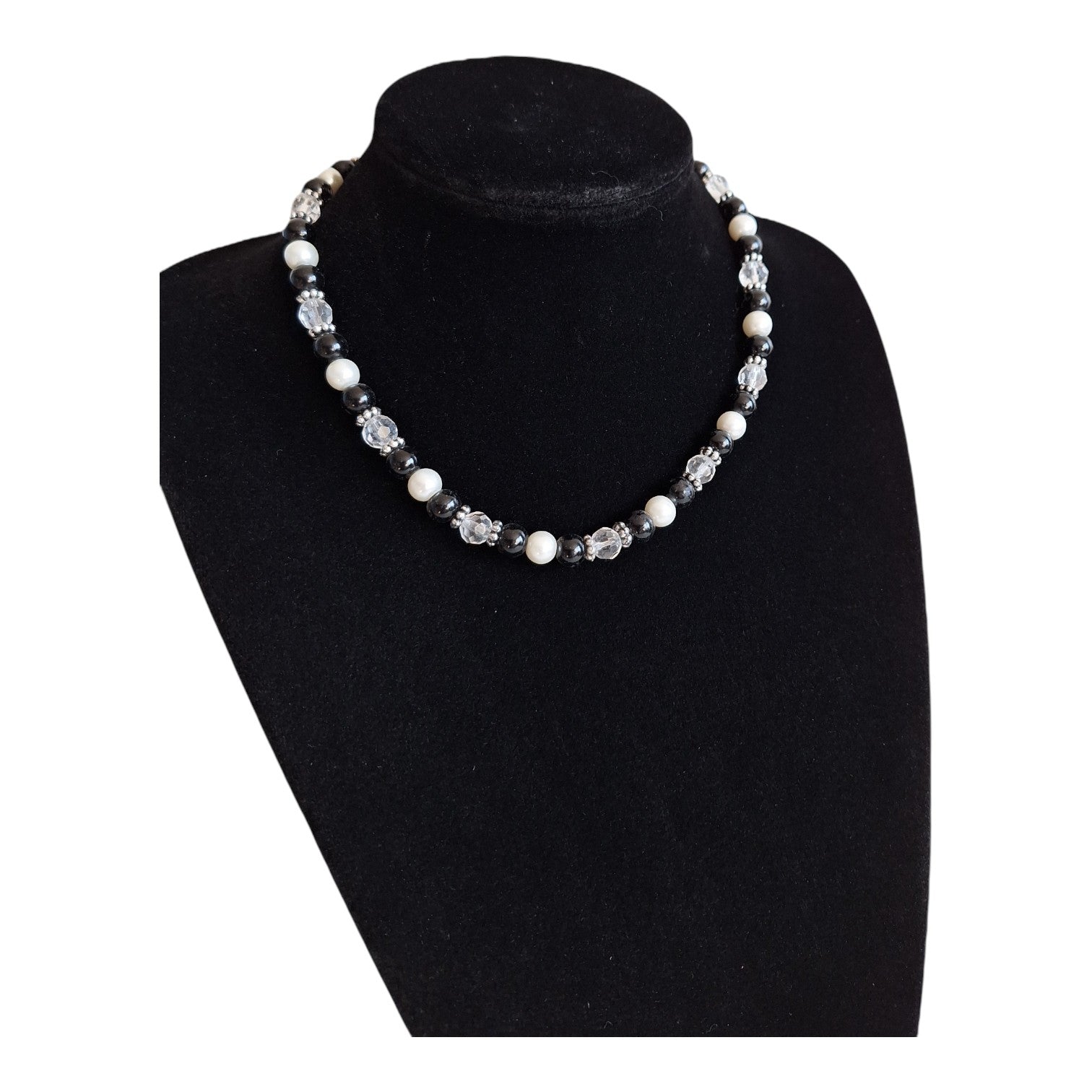Necklace with black, white, and transparent beads