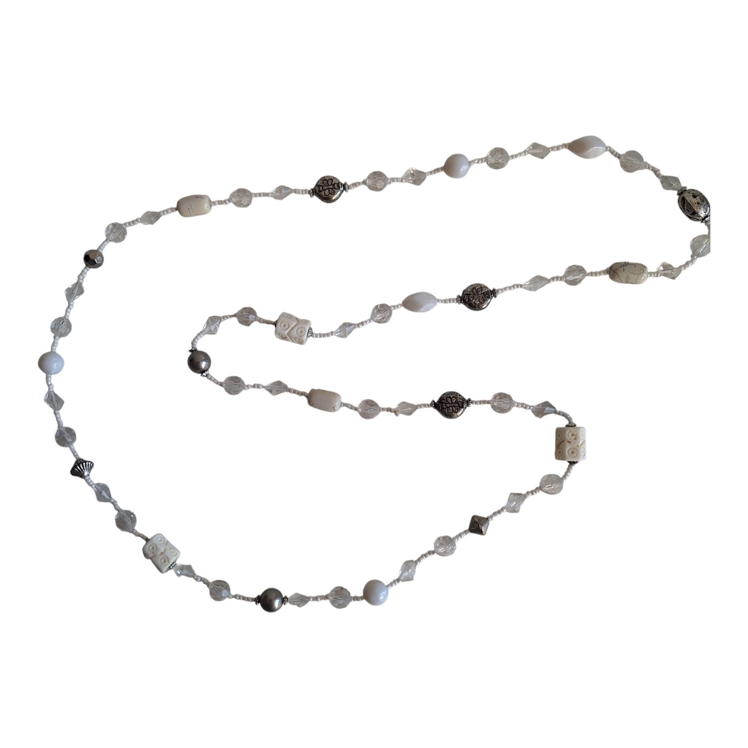 Lange dubbelstrengige vintage kralenketting wit en transparant