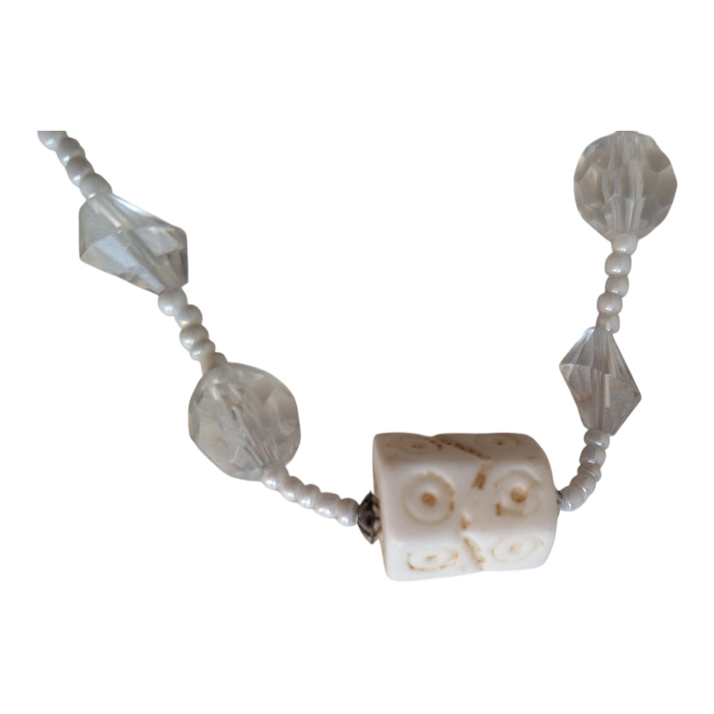 Lange dubbelstrengige vintage kralenketting wit en transparant