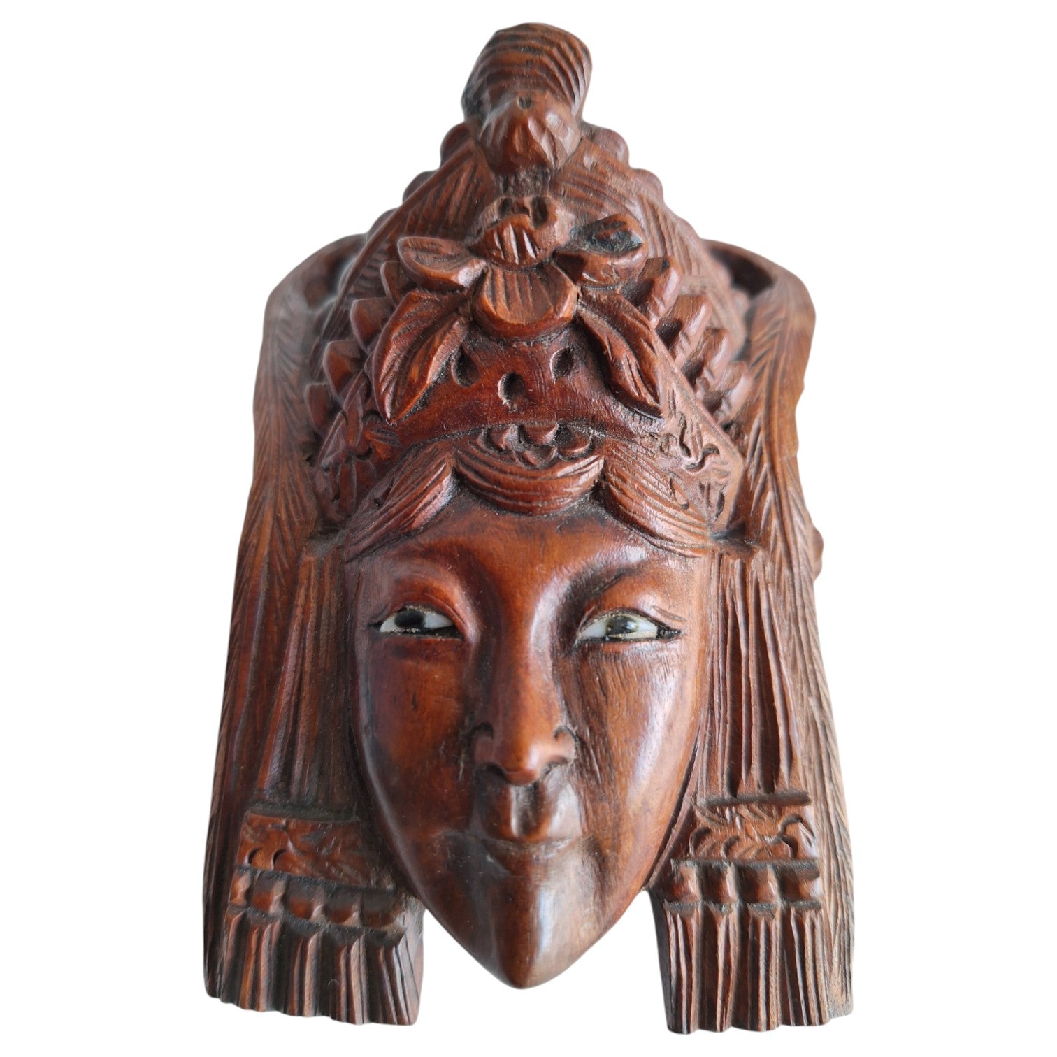 Handgeschnitzte Holzmaske Frau mit Glasaugen – Nepal, 1950er–1960er Jahre