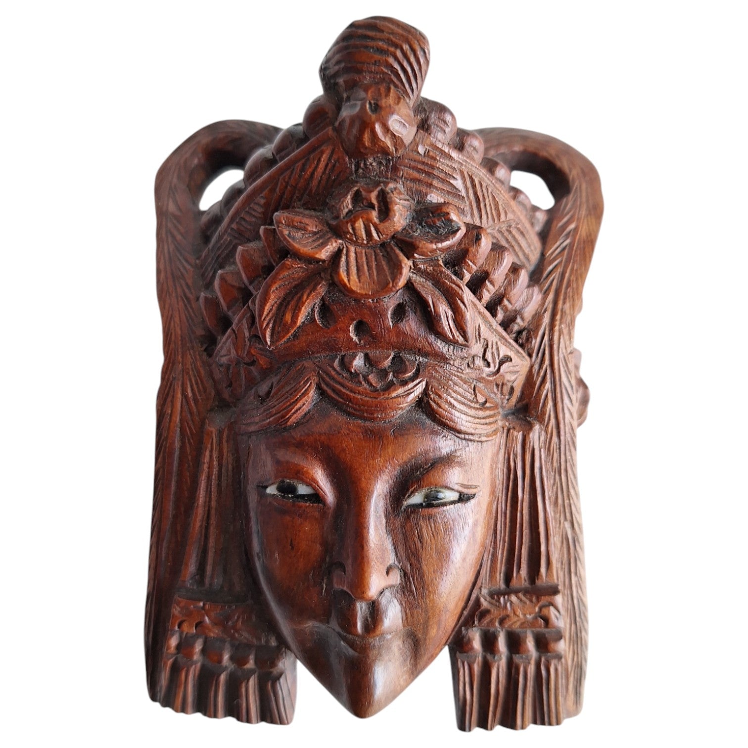 Handgeschnitzte Holzmaske Frau mit Glasaugen – Nepal, 1950er–1960er Jahre